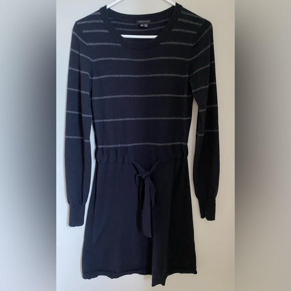 Theory Wool Blend Milly New Steady Stripe Tie Waist Fit n Flare Sweater Dress- M - Picture 2 of 10